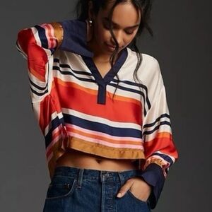 Anthropologie Maeve Silky Polo Rugby Stripe Popover Long Sleeve Blouse